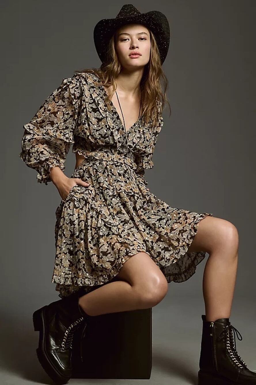 Anthropologie Cut Out Sheer Chiffon Floral Mini Dress Size Small
